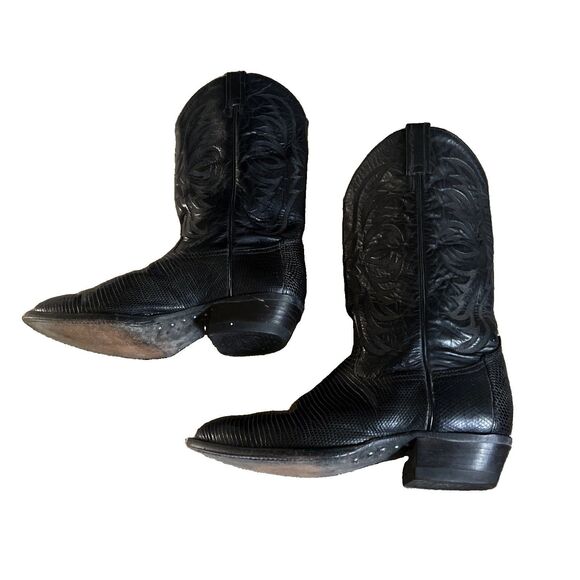 Vintage Tony Lama Size 10D Black Teju Lizard wingtips western cowboy boots